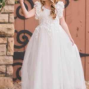 Ariana White Petal Sleeve Satin & Lace Dress Gown